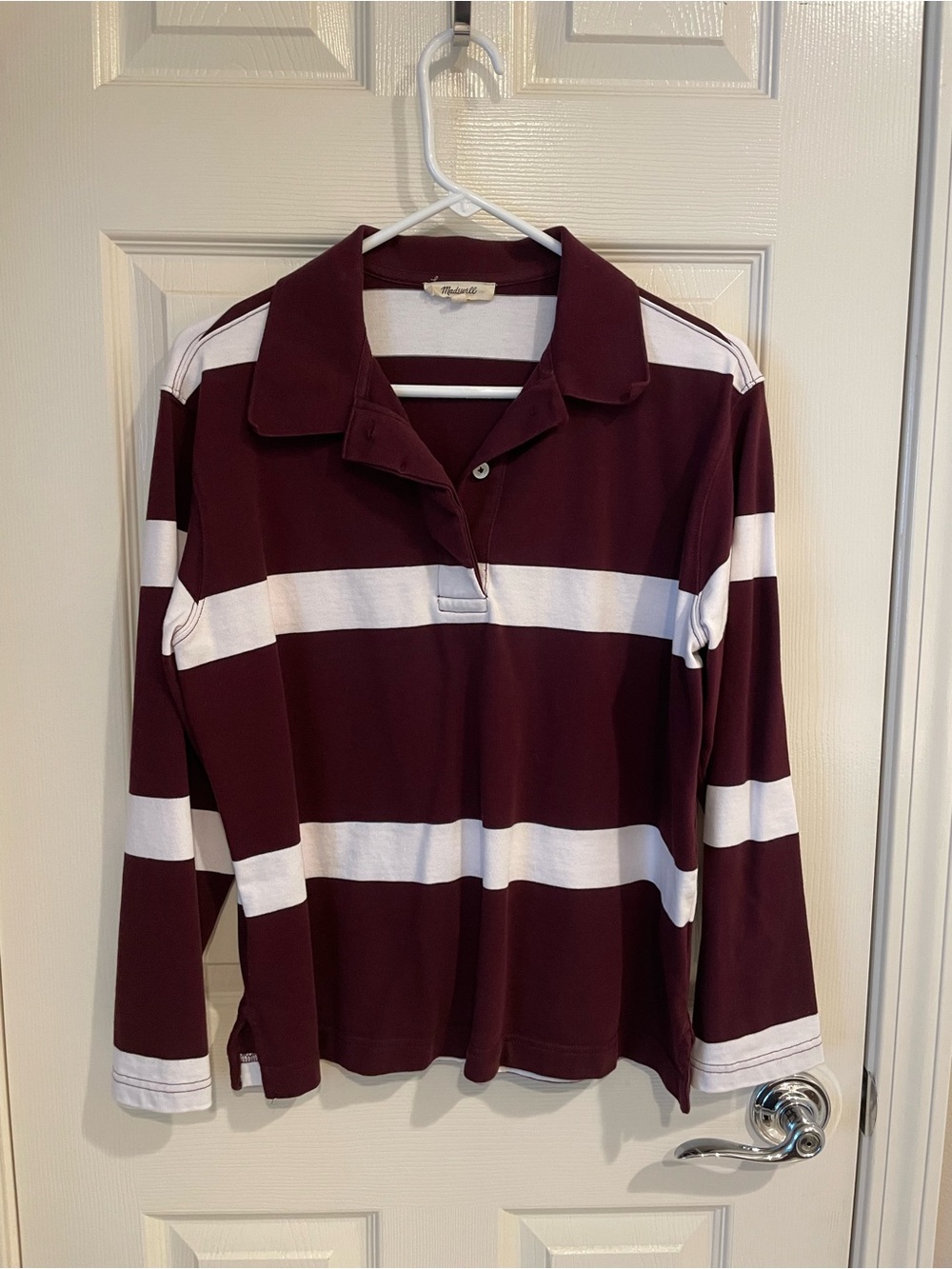 Madewell Burgundy and White Striped Rugby Polo